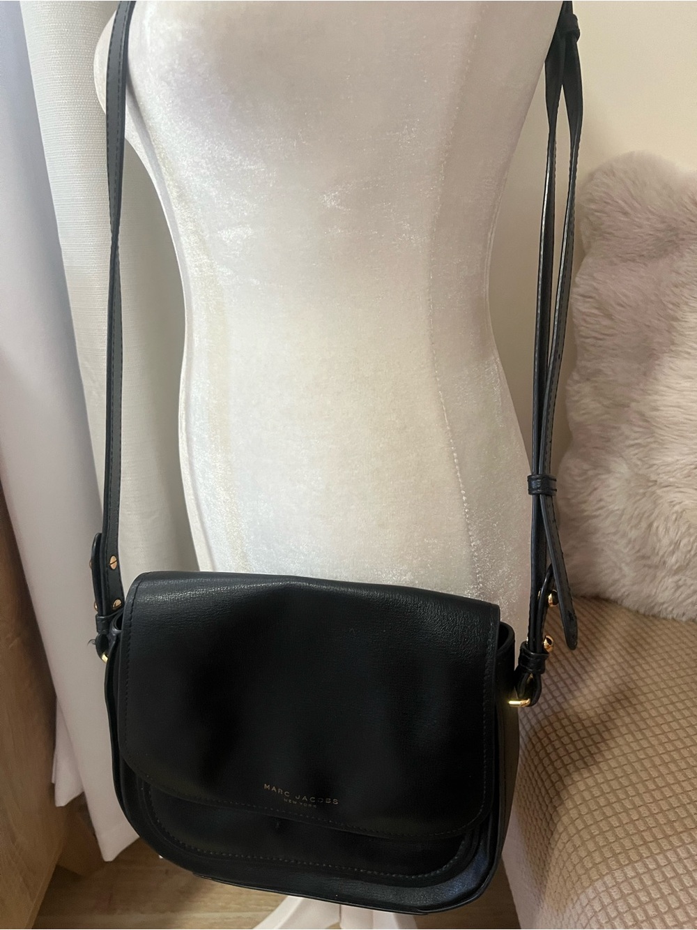 Marc Jacobs Black Leather Flap Crossbody with Gold Hardware